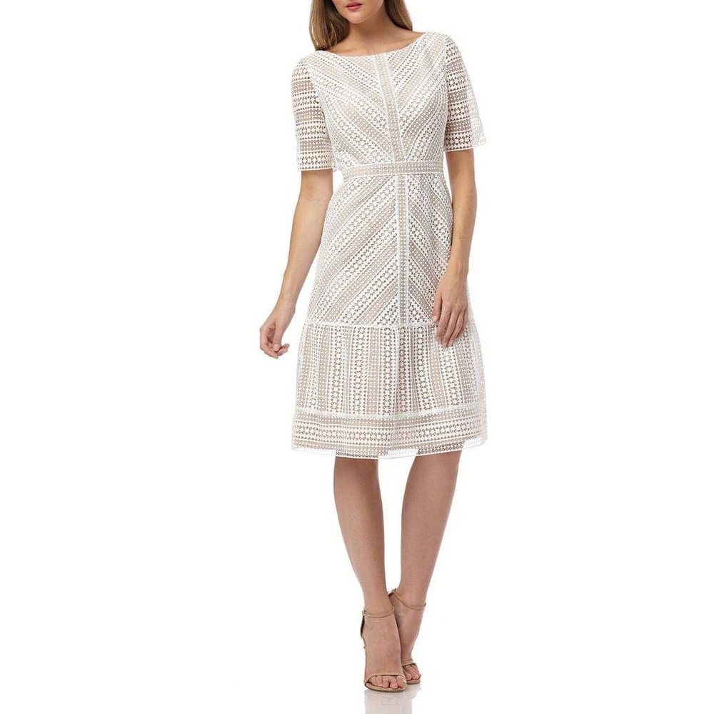 Kay Unger New York White Tan Geometric Lace Sheath Dress Size 10 Cocktail